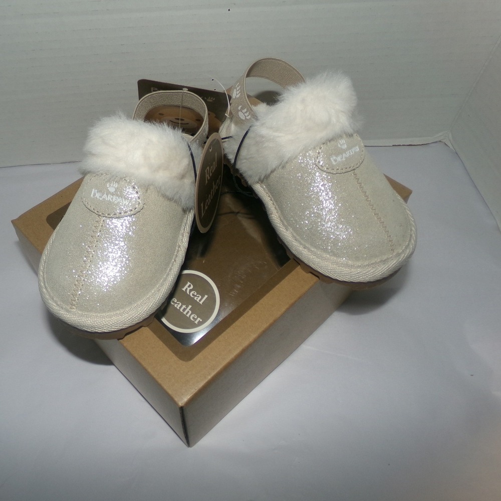 Bearpaw Baby Girls Glitter Leather Slippers Faux Fur Elastic Strap Silver Size 4